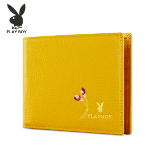 Playboy Womens Wallet 2025 New Leather Lightweight Compact Yellow Attracting Cattlehide Short Money Clip Floral Pattern Sweet Lady Style