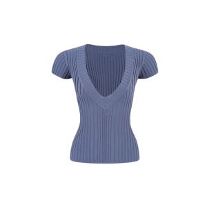 YUEZHONGWEI | American Style Spicy Girl Blue V-neck Ice Silk Knitted Short Sleeve T-shirt Women Summer New Slim Fit Short Length Top