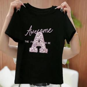 เสื้อยืดคอกลมแขนสั้นสีดำสไตล์เกาหลี ดีไซน์ด้วยเลื่อม ทรงหลวม ทรงสลิม แฟชั่นฤดูร้อน 2025 เสื้อผ้าทำงานสำหรับผู้หญิง