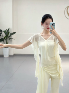 Áo Tập Khiêu Vũ Cổ Điển Cho Nữ Tay Lỡ Xếp Ly Lưới Hai Lớp Áo Cánh Khiêu Vũ Thể Thao Thể Dục Thể Thao Mùa Hè