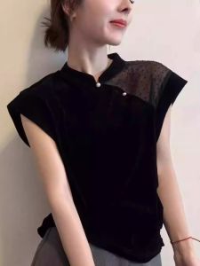 เสื้อยืดคอตั้งแขนกุดผ้ากำมะหยี่สีดำระบายอากาศได้ดี ทรงสลิมฟิต แฟชั่นฤดูร้อน สำหรับผู้หญิง ทรงหลวม ทรงปกติ