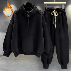 Mens Zipper High Collar Fleece Lined Sweatshirt Loose Fit Long Sleeve Casual Sportswear Set Four Seasons Universal Trendy