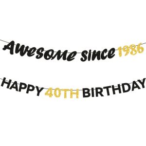 Black Gold Glitter Awesome Since 1986 Banner Happy 40th Birthday Party Decorations 40th Birthday Bunting Photo Booth Props
