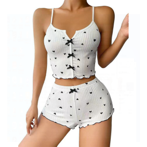 ชุดนอนผู้หญิงเซ็กซี่ลายหัวใจ ชุดนอนแขนกุดเอวสูง ทรงหลวม ฤดูร้อน 2025 ชุดนอนผู้หญิงสไตล์ยุโรป