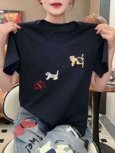 New 2025 Summer Womens Short Sleeve T-Shirt Embroidered Slimming Blue Cartoon 3D Effect Stylish Korean Loose Fit Cotton Blend