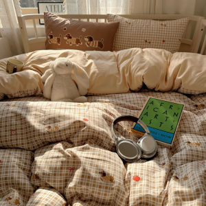 Washed Cotton Bedding Set Sausage Dog Plaid Milk Coffee Three Piece Dormitory Bedding Covers Sheets Quilt Duvet Covers