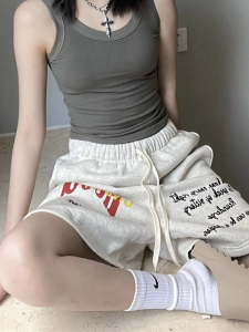 กางเกงขาสั้นทรงตรงผ้าฝ้ายแท้พิมพ์ลายโลโก้สไตล์ย้อนยุคของอเมริกาสำหรับทั้งชายและหญิง กางเกงขายาวห้าส่วนสำหรับฤดูร้อนปี 2023