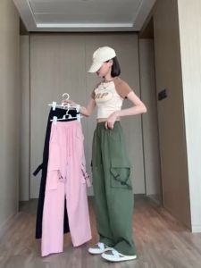 Wide leg cargo pants women dopamine streetwear vintage sport casual baggy straight cut plus size outdoor multi pockets high waist ladies woman long trousers cargo pants