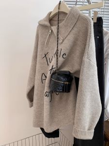 Áo Len Cardigan Cổ Polo Dày Dài Vừa Phải Cho Nữ Mùa Thu Đông Màu Lúa Mì Trung Tính Cổ Polo Khóa Kéo Dài Vừa Phải