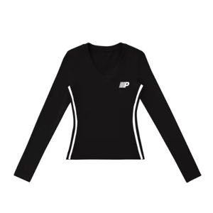 เสื้อยืดคอกว้างแขนยาวทรงเข้ารูปผ้าฝ้ายแท้สีดำสำหรับผู้หญิงไซส์ใหญ่ เสื้อชั้นในทรงเข้ารูปช่วงฤดูใบไม้ร่วงและฤดูหนาว