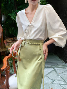 Elegant Chinese Style Long Sleeve V-Neck Shirt Womens High Waist Slim Fit Top And Skirt Two-Piece Set Fashionable Summer Outfit