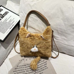 Cute Cat Shaped Plush Shoulder Bag Large Capacity Cartoon Crossbody Bag Single Strap Soft Adorable Bag for Girls