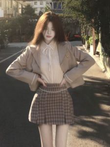 CHANGTONG | Chic College Style Suit Set Korean Fashion Small Size Blazer Jacket Half Skirt Stylish Two Piece Set Trendy Youthful