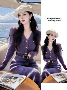Elegant Knitted Midi Dress Inner Wear for Women Autumn Winter Style Date Night Outfits Purple Color Simple Design Long Sleeve