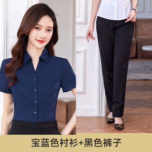 Elastic V-neck Short Sleeve Professional Shirt Womens Summer Workwear Top Half Sleeve Pink Shirt Business Style Commute