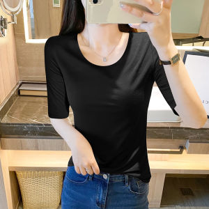 Café Brown Modale Thin Five-Quarter Sleeve T-Shirt Womens V-neck Base Shirt Spring Autumn Ladies Slim Fit Commute Style Pure Color