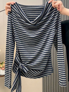 Strapless Long Sleeve T-Shirt Women Early Autumn Pure Desirable Base Shirt Inner Wear Top Self Retaining Model~ Stripestie Dye