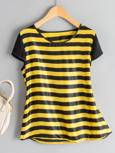 Womens Summer Fashion Silk Stripe Short Sleeve T-shirt Base Shirt Loose Silk Shantung Design Sense Top round Neck Regular Length