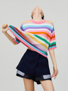 XIAODADEHUA | Design Feel Youthful Rainbow Striped Short Sleeve T-Shirt