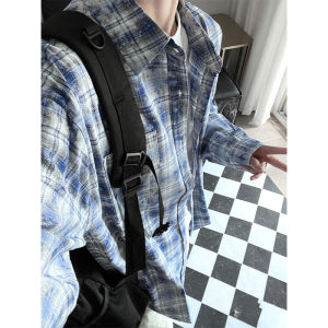 Tie-Dyed Gingham Shirt Trendy Mens Spring and Autumn American Retro Cleanfit Sun Protection Shirt Fancy Couple Coat