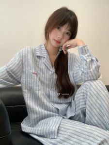 Korean Style Loose Striped Sleepwear Womens Long Sleeve Long Pants Home Clothes Set Spring Autumn New Arrival Comfortable