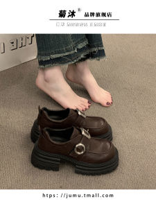 Brown round Toe Thick Heel Mary Janes Metal Buckle Slip-On Chunky Heel Single Shoes Womens Fashion Loafers Comfortable Flats