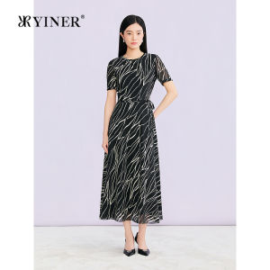 YINER | Elegant Round Neck Artistic Line Silk Blend Dress