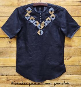 BAJU KEMEJA KOKO LINEN HITAM LENGAN PENDEK KERAH OBLONG MOTIF BORDIR CASUAL