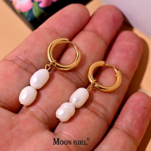 Gold Color Stainless Steel Hoop Earring for Women Fashion Freshwater Pearl Dangle Earring Vintage Party Jewelry MOON GIRL Design