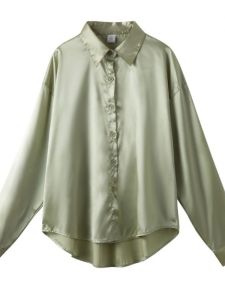 Loose Casual Long Sleeve Satin Shirt Pure Color Street Style Womens Premium Fashion Regular Length Flip Collar Traditional Design