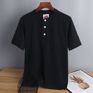 American Style Heavy Weight Retro Minimalist Pure Cotton Henry Collar Short-Sleeved T-shirt Mens Japanese Leisure Polo Shirt Half-Sleeve T-shirt