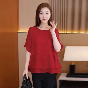 Womens Short-Sleeved Chiffon Shirt 2024 Summer Korean Style Fashion Loose Pure Color Belly Covering Mothers Short-Sleeved Crew Neck Blouse