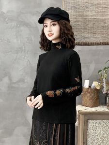 Áo Thun Dài Tay Cổ Cao Thêu Dervo Mùa Thu Đông Mới Phong Cách Trung Hoa Cổ Điển Cỡ Lớn Áo Sơ Mi Dân Tộc Trung Quốc