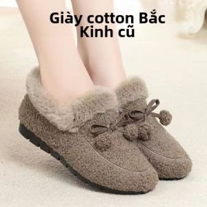 Giày Lười Cotton Mùa Thu Đông Cho Nữ Đế Bằng Bông Lót Lông Cừu Đế Cao Su Thoải Mái Đế Mềm Thoáng Khí