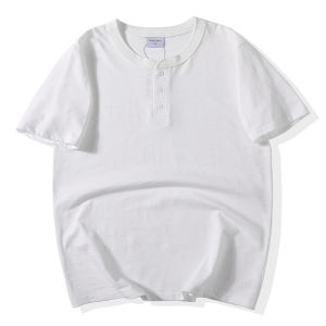 American Style Heavy Weight 260G Henley Shirt Mens and Womens Short-Sleeved Summer Slub Cotton White Base Shirt Hard Han Style Easiest for Match T-shirt