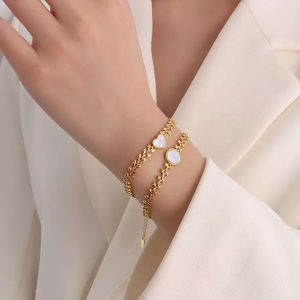 เกาหลี18พันทองชุบข้าวสาลี Cowry การเชื่อมโยงห่วงโซ่กำไลข้อมือ316L สแตนเลสเชลล์หัวใจเสน่ห์สร้อยข้อมือ