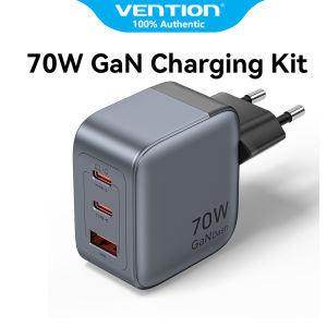 Vention® เครื่องชาร์จ GaN 70W ปลั๊ก EU 3 พอร์ต USB C USB-C USB A (70W/70W/22.5W) PD รวดเร็ว PPS ทนทาน ไนลอนถัก พร้อมสายเคเบิล USB-C ถึง C 100W ยาว 1 ม.