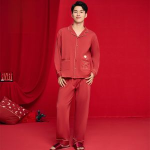 Bộ đồ ngủ đôi LUNILAI cotton co giãn màu đỏ cho cặp đôi