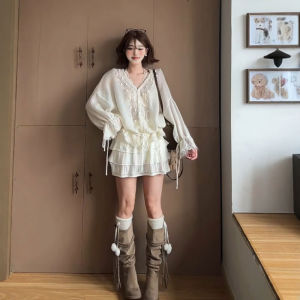 CHANGTONG | French Style Elegant V-Neck Lace Flared Sleeve Sweater