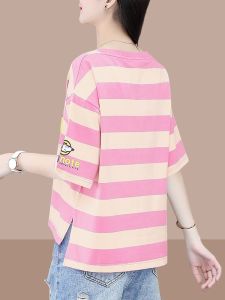 เสื้อยืดแขนสั้นผ้าฝ้ายแท้สำหรับผู้หญิงในช่วงฤดูร้อนปี 2022 เสื้อเชิ้ตแขนสั้นทรงหลวมสไตล์เกาหลี INS ลายทาง เสื้อเชิ้ตแขนสั้นเทรนด์ใหม่