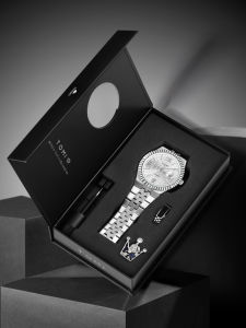 TOMI Luxury Mens Watch Steel Band Calendar Multi-function Quartz Watch Ring Cufflink Gift Box Set Christmas Gift Creative