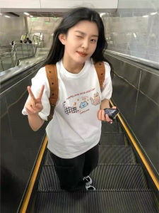 Áo Thun Cotton Phong Cách Hàn Quốc Tay Ngắn Mùa Hè Cho Nữ Dáng Rộng Thoải Mái in Họa Tiết Thời Trang Thường Ngày