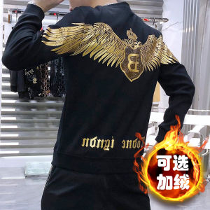 เสื้อฮู้ดสีแดงบุขนแกะทรงสลิมฟิตสำหรับผู้ชาย ปักลายนก แฟชั่นฤดูหนาว 2024 เสื้อฮู้ดคอตตอนผสมโพลีเอสเตอร์ ปกติ