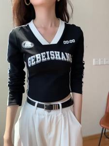 GEBEISHANG | Colorful V-Neck Letter Print American Style Slim Fit Long Sleeve T-Shirt for Women