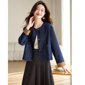 New Chinese Style Patchwork Denim Jacket Womens Spring Autumn round Neck Short Top Elegant Quality Polyester Blend Fiber