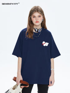 เสื้อยืดแขนสั้นผ้าฝ้ายลายหมาสีขาวสำหรับผู้หญิง ทรงหลวม สไตล์ลำลอง ฤดูร้อน 2024 เสื้อผ้าคู่สำหรับคู่รัก ทรงปกติ