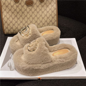 6cm Small Thick Sole Fluffy Slippers Female Autumn and Winter Outer Wear Plus Size 4142 Pregnant Women Feel Cotton Slippers When Stepping on Shit