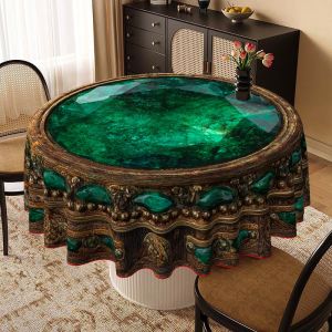 Khăn Trải Bàn Tròn Màu Xanh Ngọc Lục Bảo VIKAMA Vintage Trang Trí Cầu Kỳ Bằng Đá Quý Màu Vàng Cổ Điển Sang Trọng Không Thấm Nước Chống Dầu Có Thể Giặt Bằng Máy Khăn Trải Bàn Ăn Cho Nhà Bếp Ngày Lễ