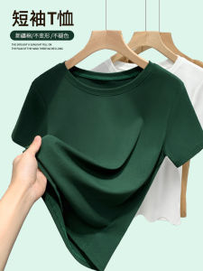 Olive Green Short Sleeve Cotton T-Shirt Womens Style round Neck Fitting Top Korean Version Summer New Arrival Basic Color
