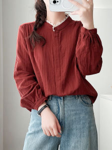 French Style Pure Cotton Long Sleeve Shirt Womens Stand Collar Double Layer Lace Trim Splice Base Top Loose Fit Button Detail